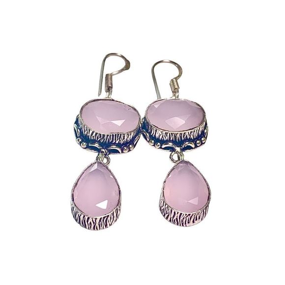 Soft Pink Chalcedony Gemstones in Hanmade Brushed Silver Earrings - Picture 1 of 7